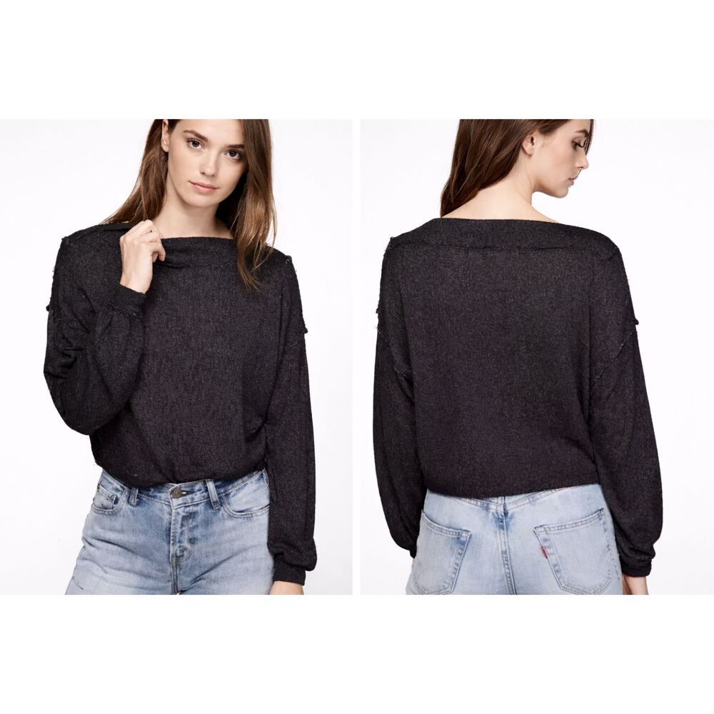 Free People We The Free Charcoal Hacci Knit Slouchy Wide Neck Boho Top XS.